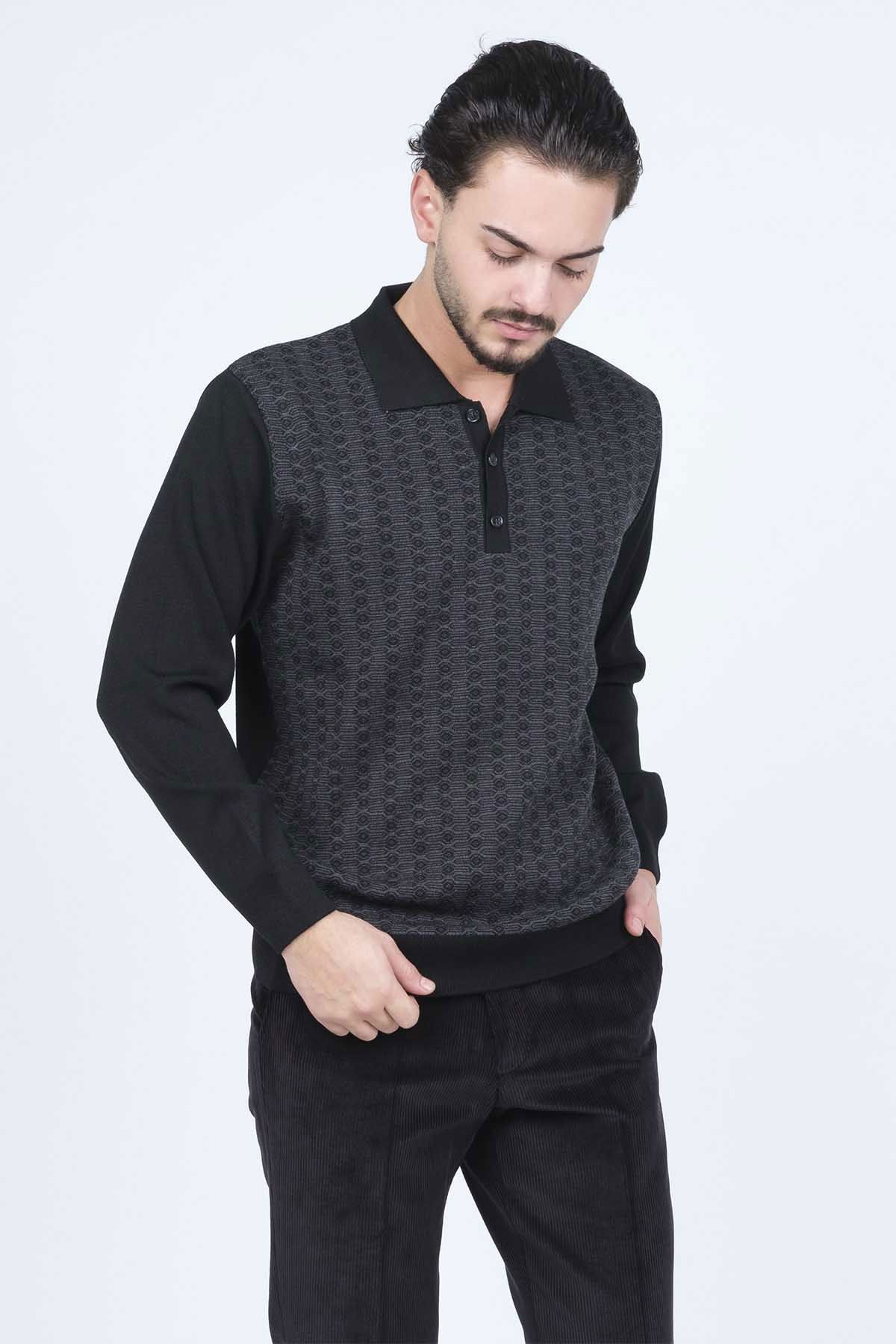 Ateş Triko Erkek Polo Yaka Desenli Yün Kazak 6092073 Siyah - 2