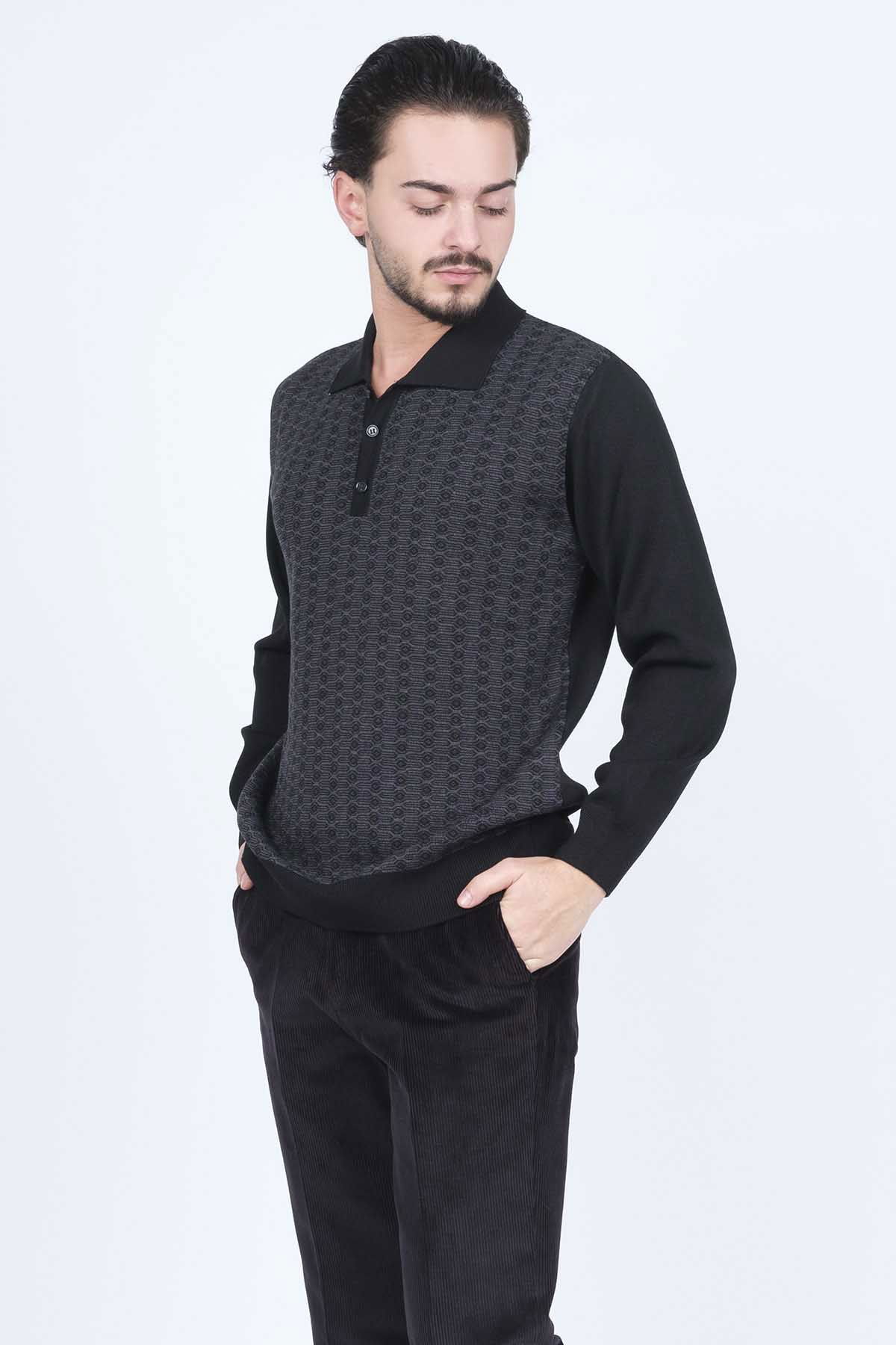 Ateş Triko Erkek Polo Yaka Desenli Yün Kazak 6092073 Siyah - 3