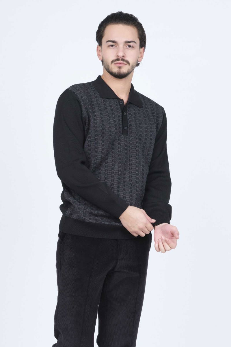Ateş Triko Erkek Polo Yaka Desenli Yün Kazak 6092073 Siyah - 6