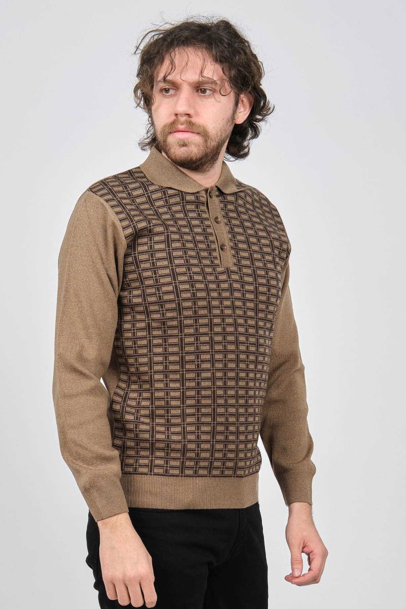 Ateş Triko Erkek Polo Yaka Desenli Yün Kazak 6092101 A.Kahve 