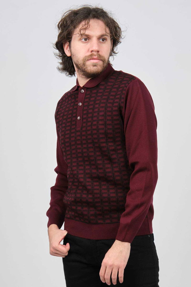 Ateş Triko Erkek Polo Yaka Desenli Yün Kazak 6092101 Bordo 