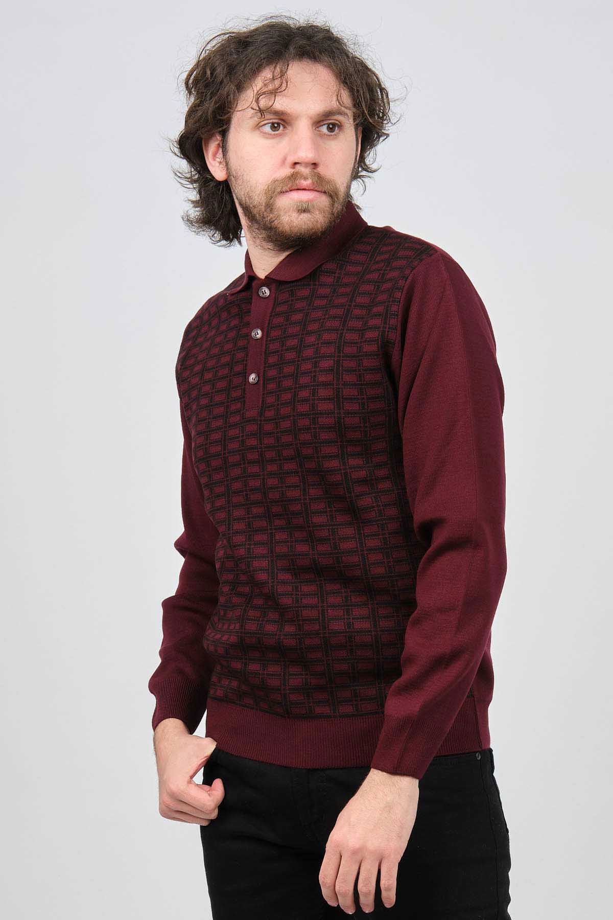 Ateş Triko Erkek Polo Yaka Desenli Yün Kazak 6092101 Bordo - 1