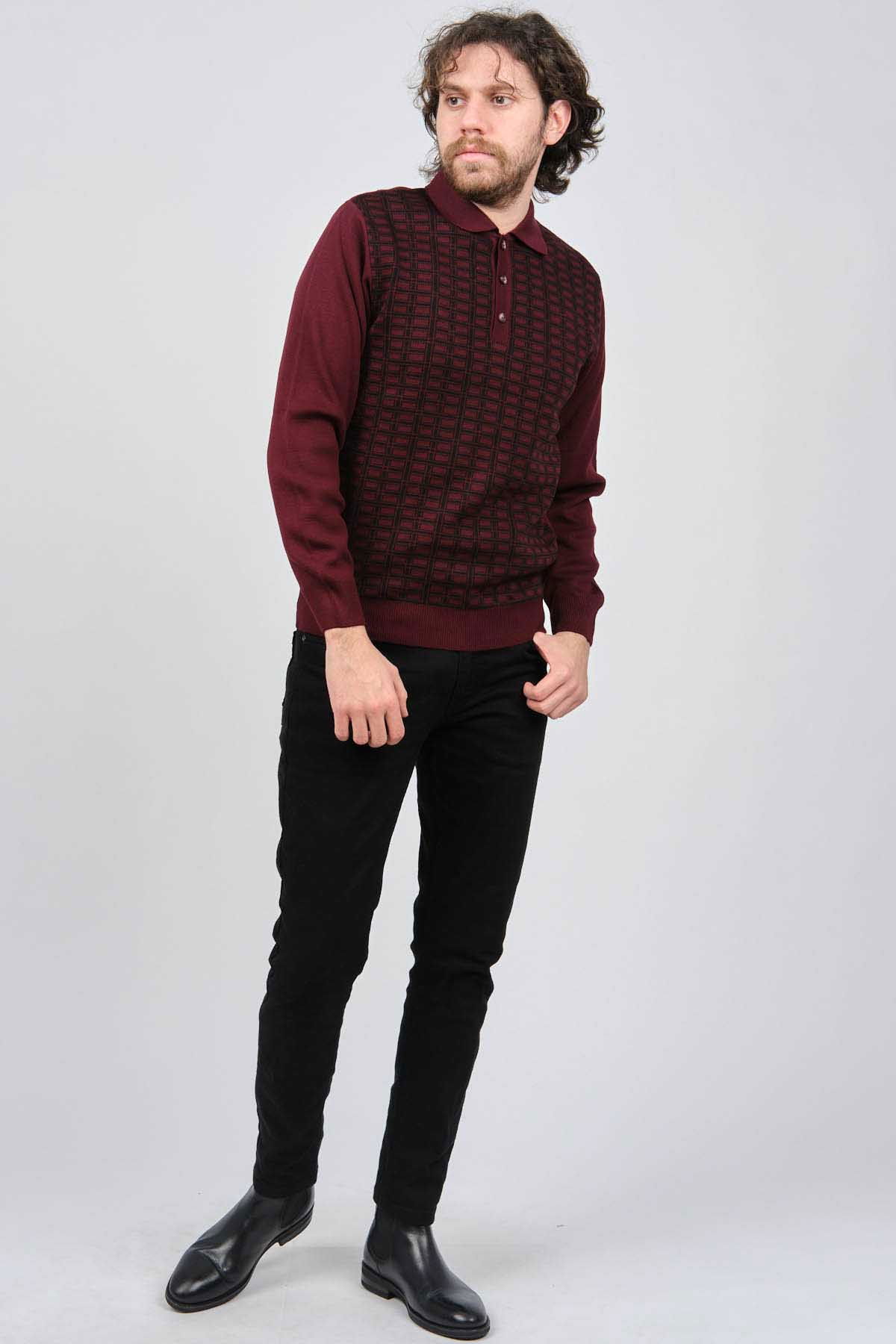 Ateş Triko Erkek Polo Yaka Desenli Yün Kazak 6092101 Bordo - 2