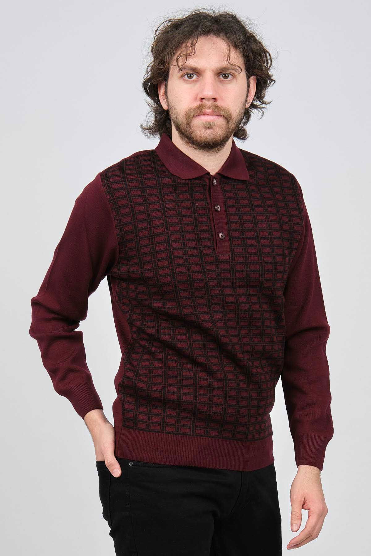 Ateş Triko Erkek Polo Yaka Desenli Yün Kazak 6092101 Bordo - 3