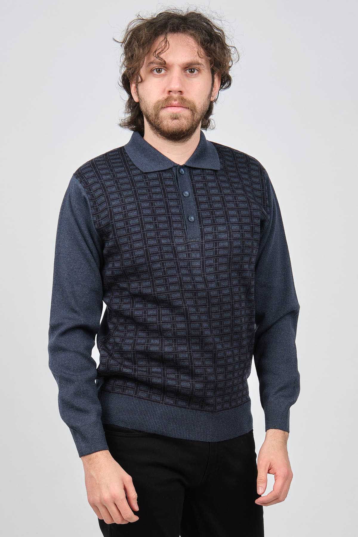 Ateş Triko Erkek Polo Yaka Desenli Yün Kazak 6092101 Indigo - 1