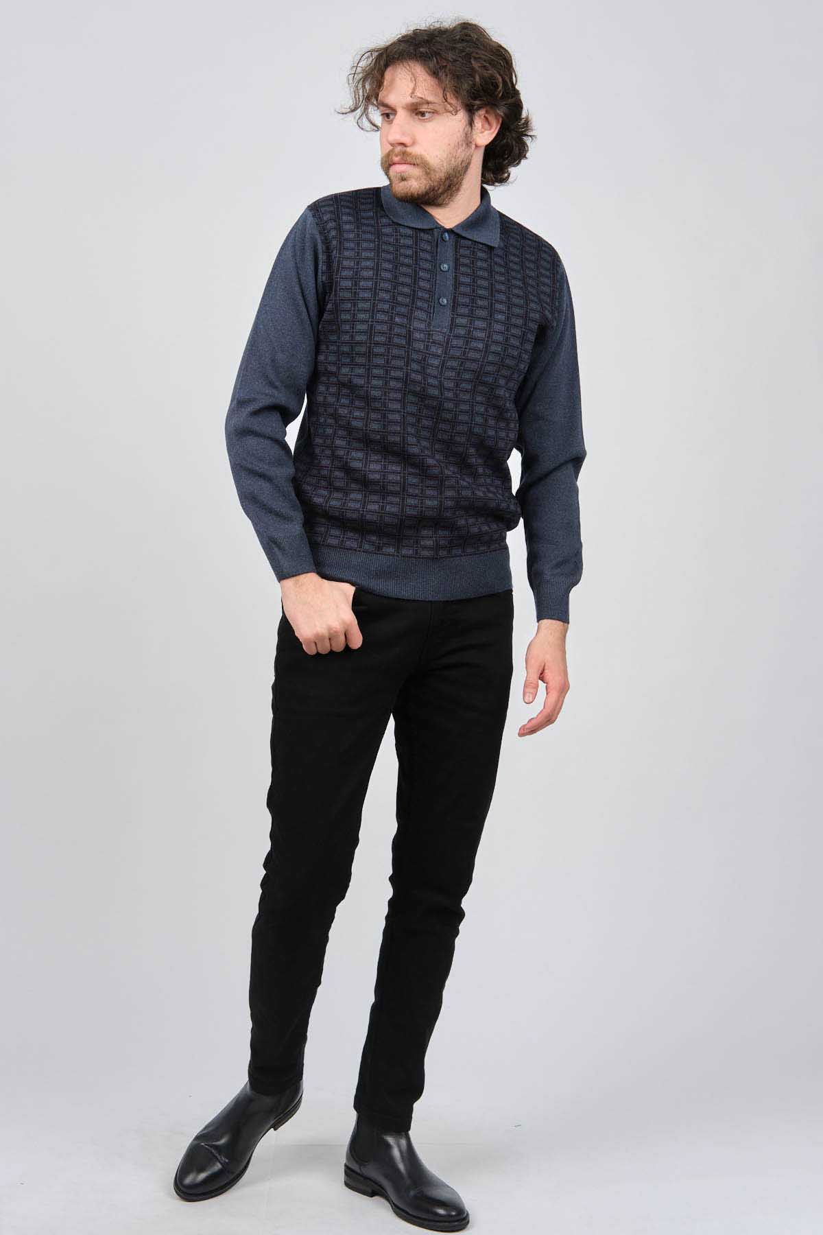 Ateş Triko Erkek Polo Yaka Desenli Yün Kazak 6092101 Indigo - 2