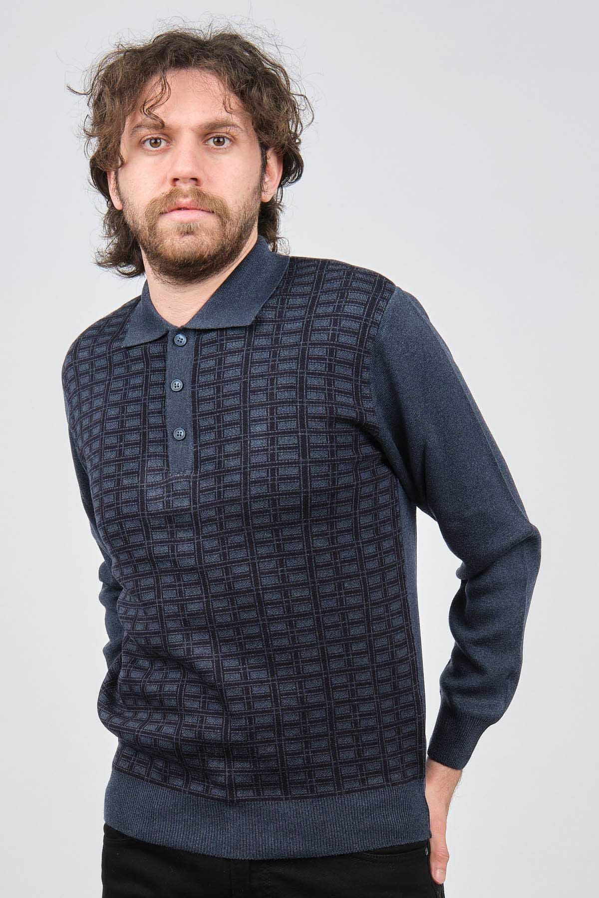 Ateş Triko Erkek Polo Yaka Desenli Yün Kazak 6092101 Indigo - 3