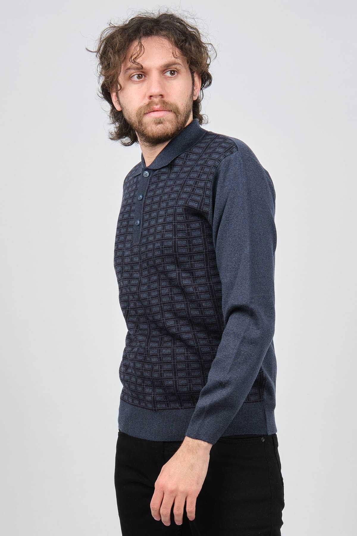 Ateş Triko Erkek Polo Yaka Desenli Yün Kazak 6092101 Indigo - 6