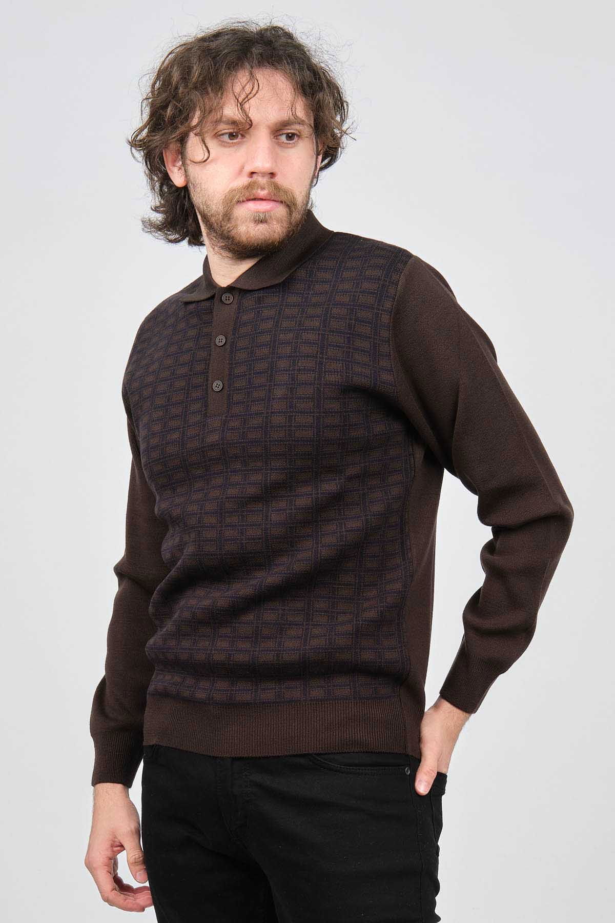 Ateş Triko Erkek Polo Yaka Desenli Yün Kazak 6092101 Kahverengi - 3