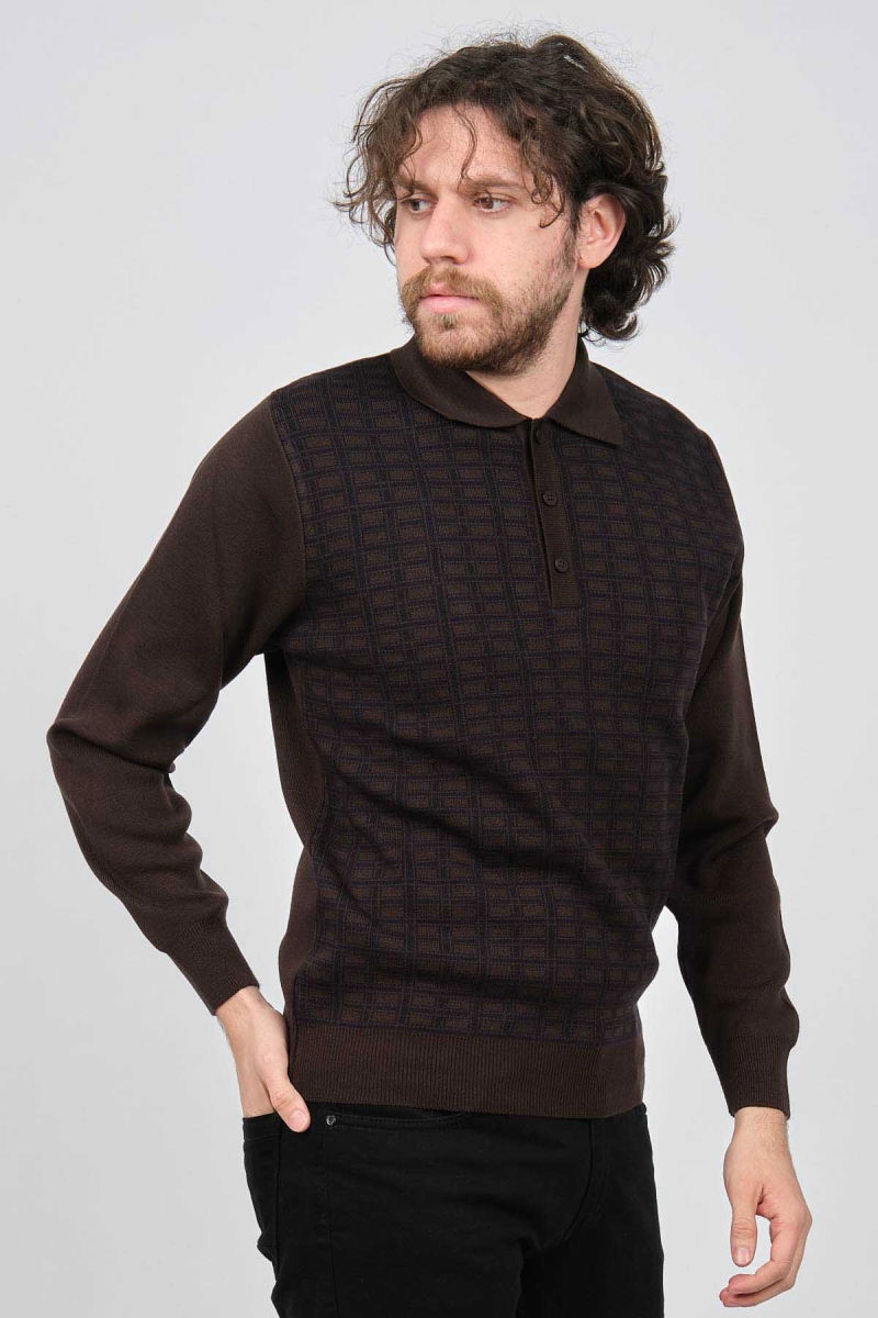 Ateş Triko Erkek Polo Yaka Desenli Yün Kazak 6092101 Kahverengi - 6