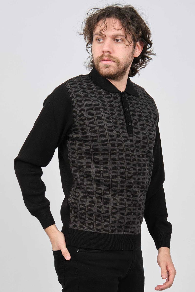Ateş Triko Erkek Polo Yaka Desenli Yün Kazak 6092101 Siyah - 3