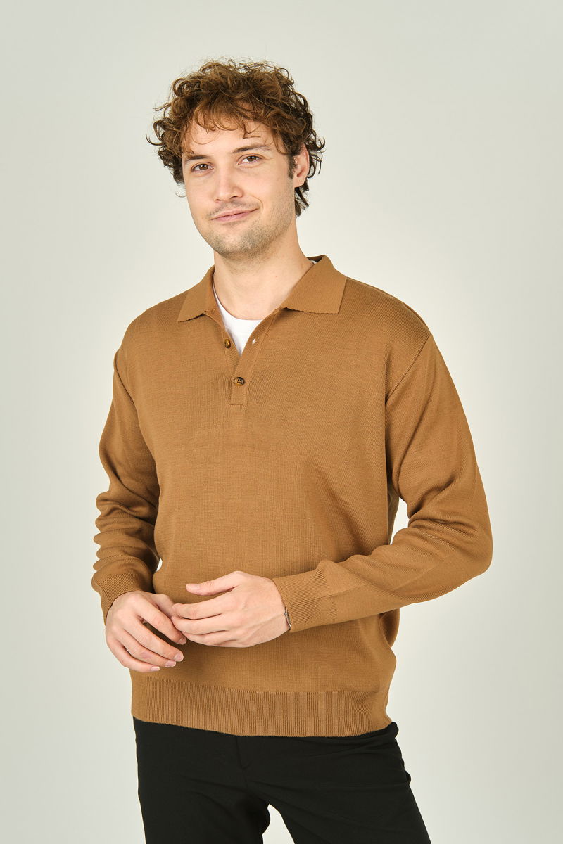 Ateş Triko Erkek Polo Yaka Düğmeli Yün Kazak 6091023 Camel 