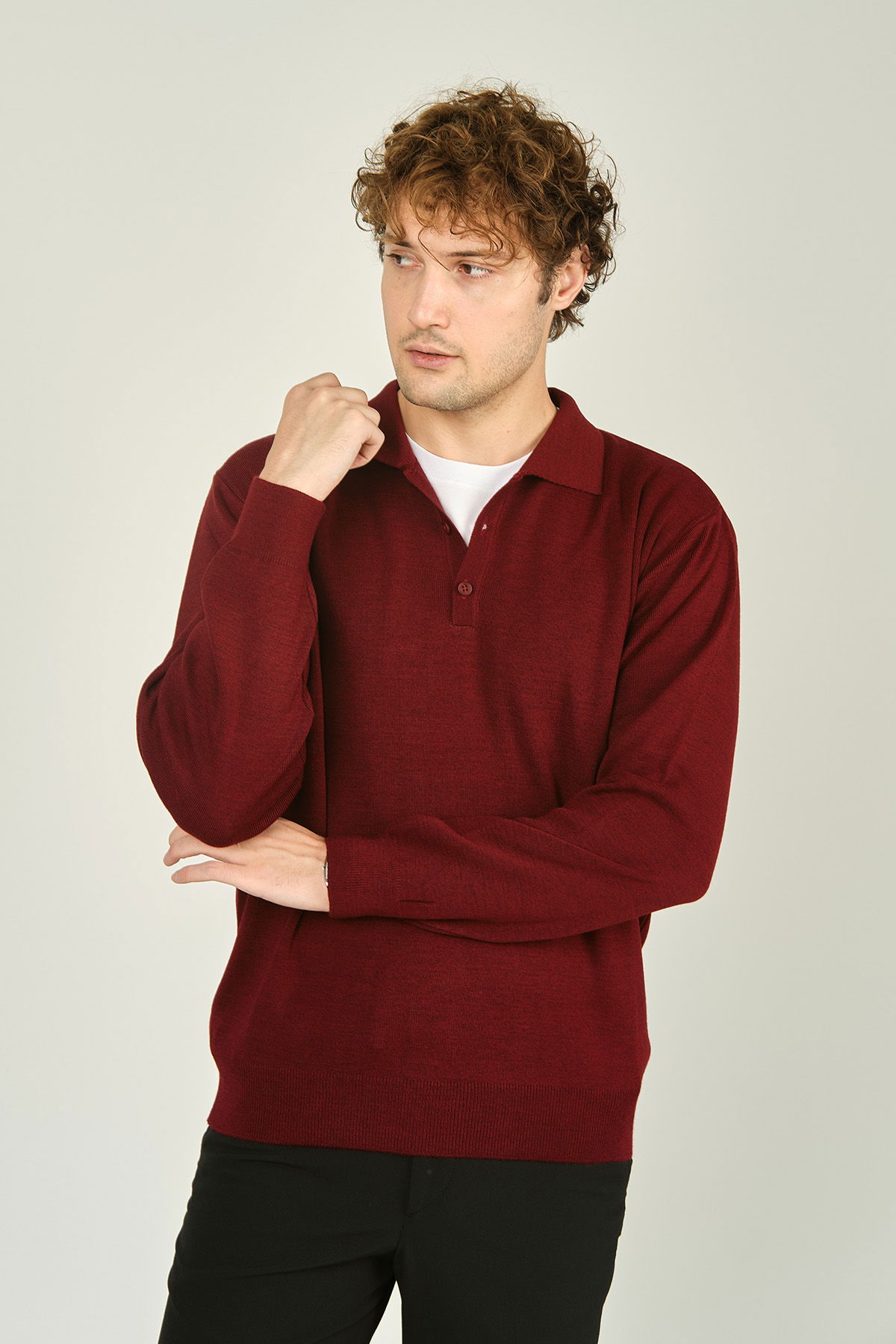 Ateş Triko Erkek Polo Yaka Düğmeli Yün Kazak 6091023 D.Bordo - 1
