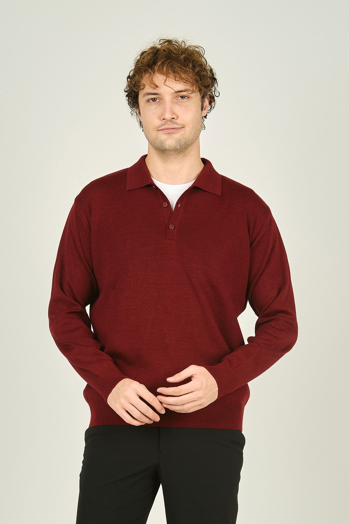 Ateş Triko Erkek Polo Yaka Düğmeli Yün Kazak 6091023 D.Bordo - 2