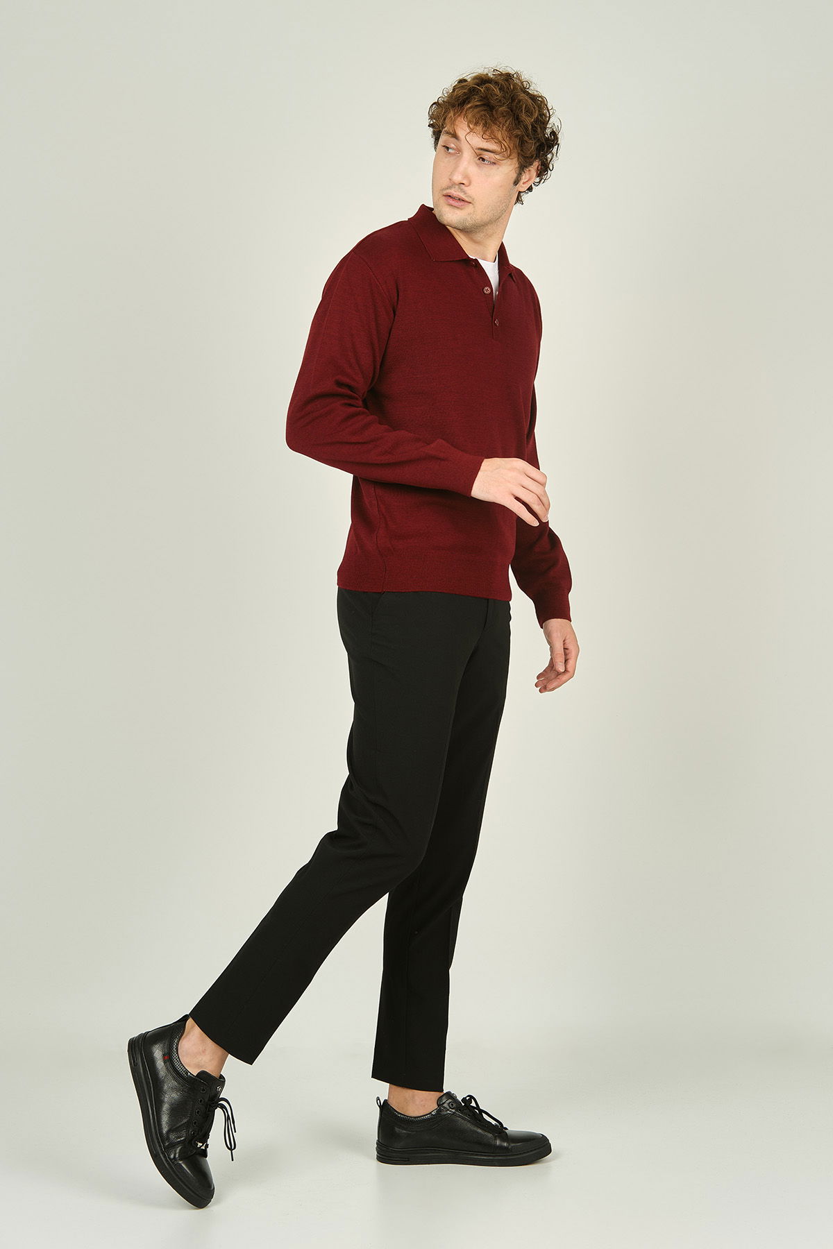Ateş Triko Erkek Polo Yaka Düğmeli Yün Kazak 6091023 D.Bordo - 3