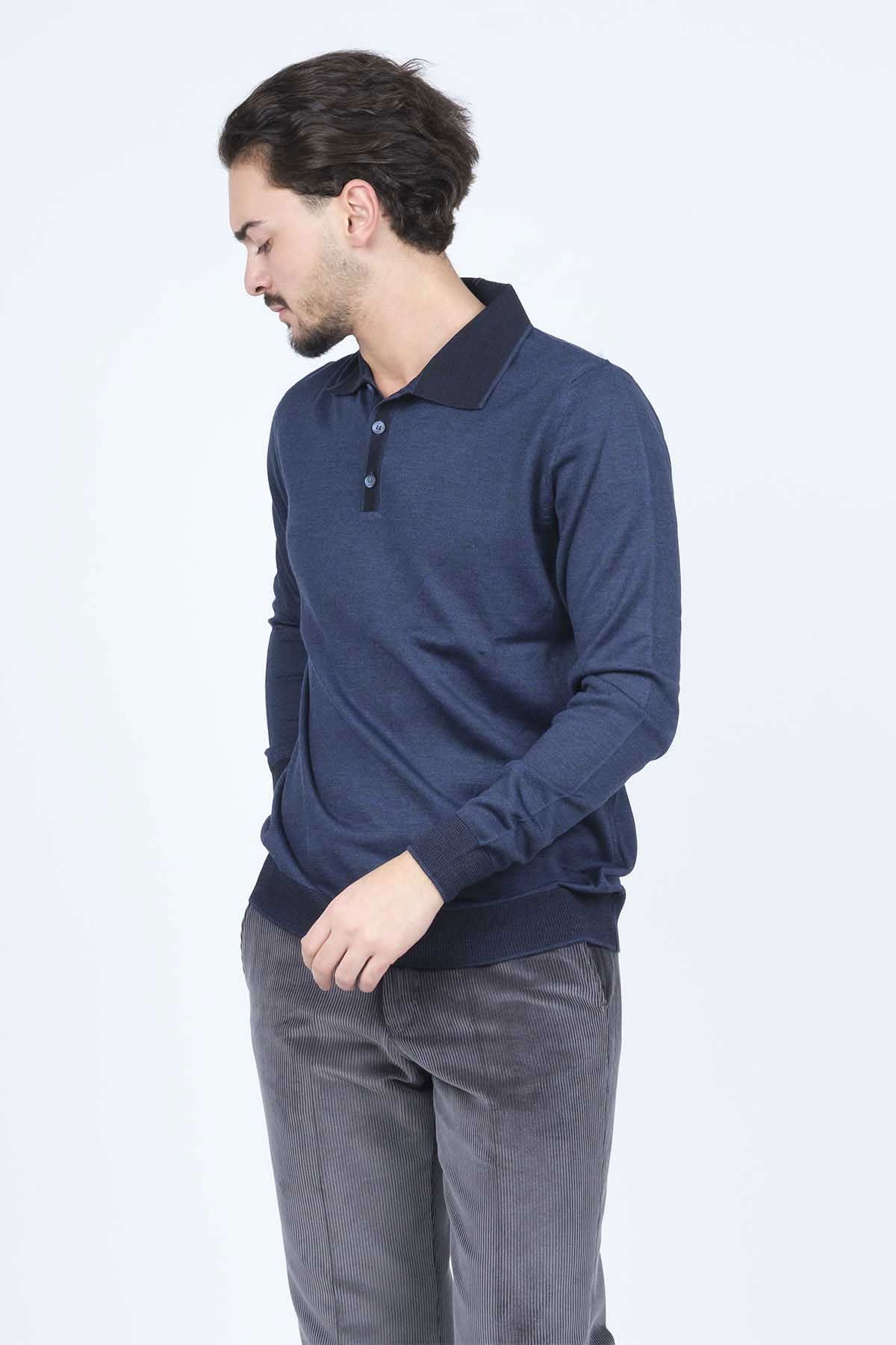 Ateş Triko Erkek Polo Yaka Yün Kazak 6091903 Indigo - 2