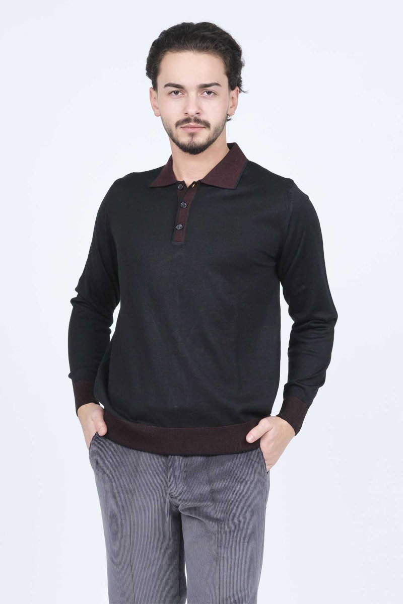Ateş Triko Erkek Polo Yaka Yün Kazak 6091903 Siyah - Ateş Triko