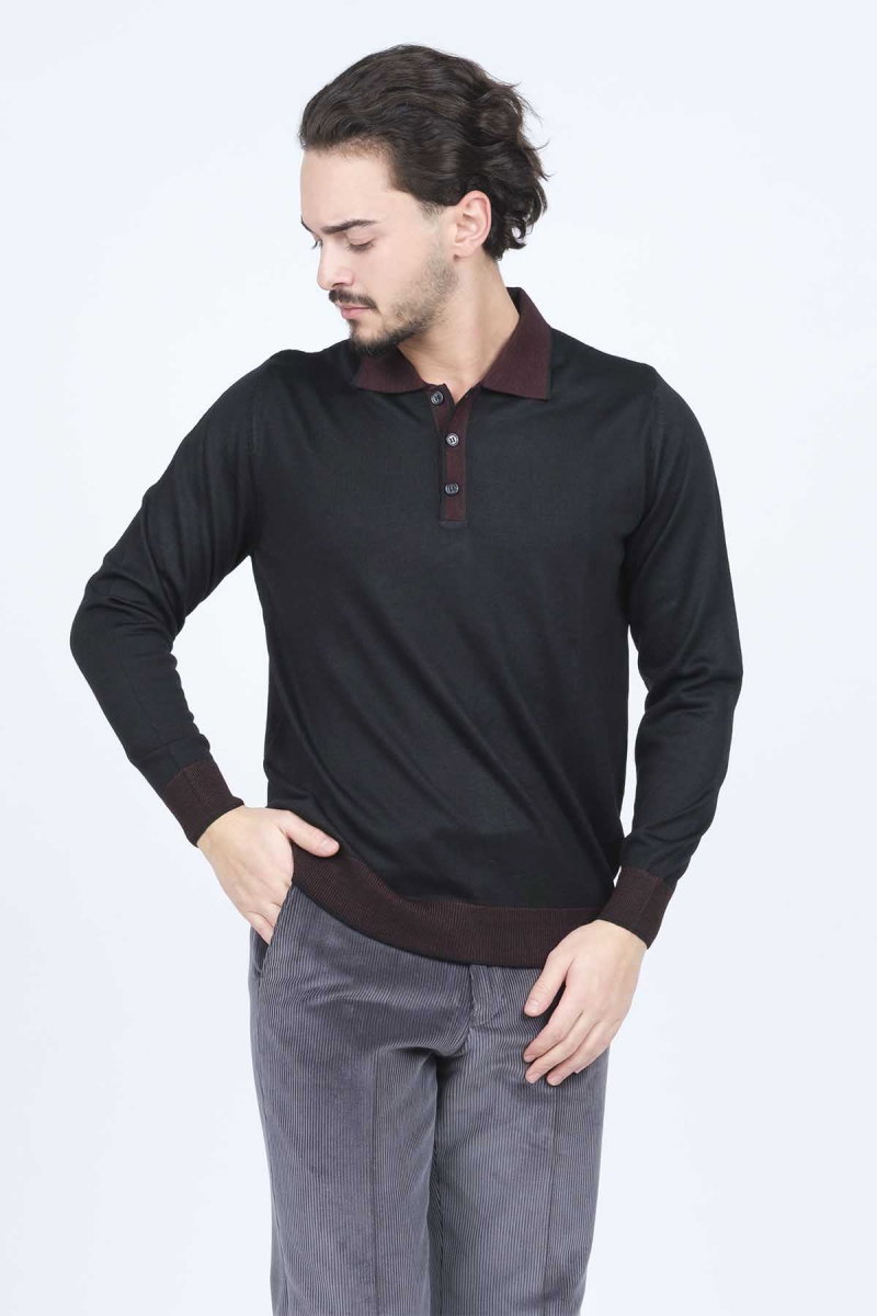 Ateş Triko Erkek Polo Yaka Yün Kazak 6091903 Siyah - 3