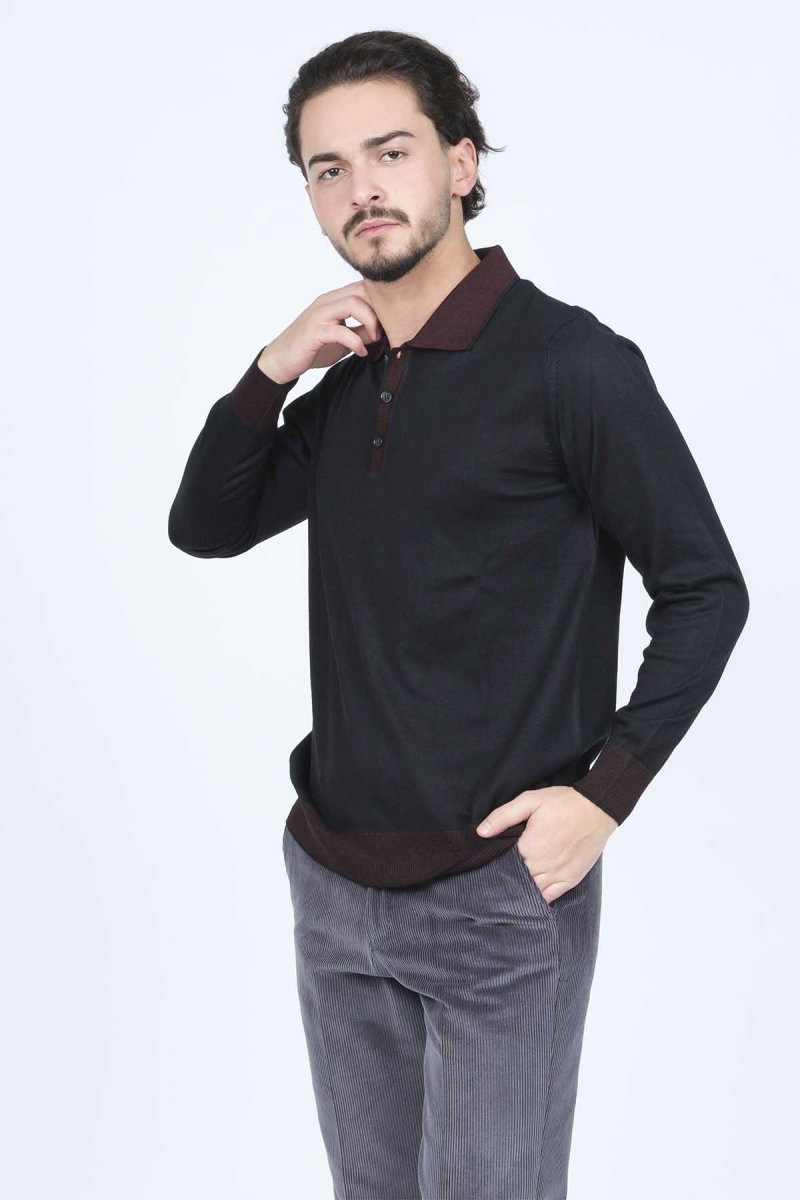 Ateş Triko Erkek Polo Yaka Yün Kazak 6091903 Siyah - 4