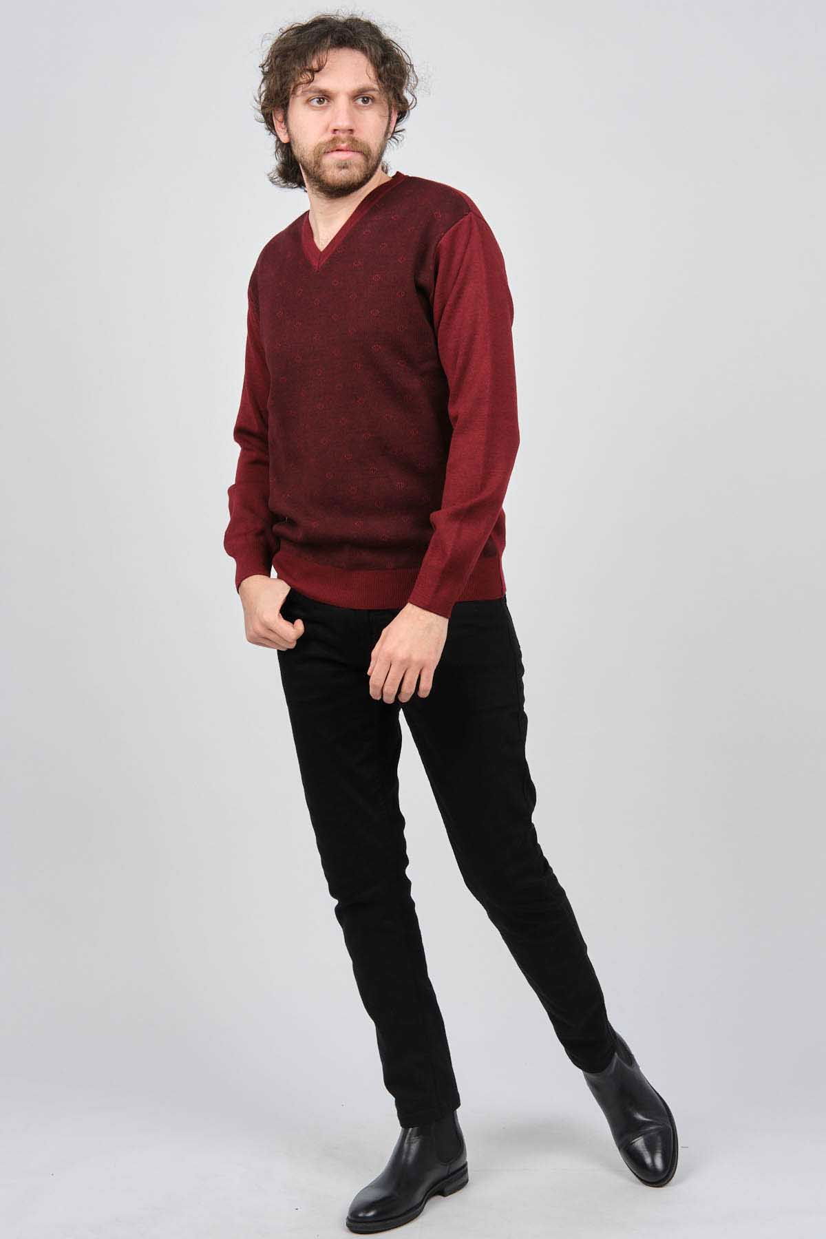 Ateş Triko Erkek V Yaka Desenli Yün Kazak 6091746 Bordo - 3