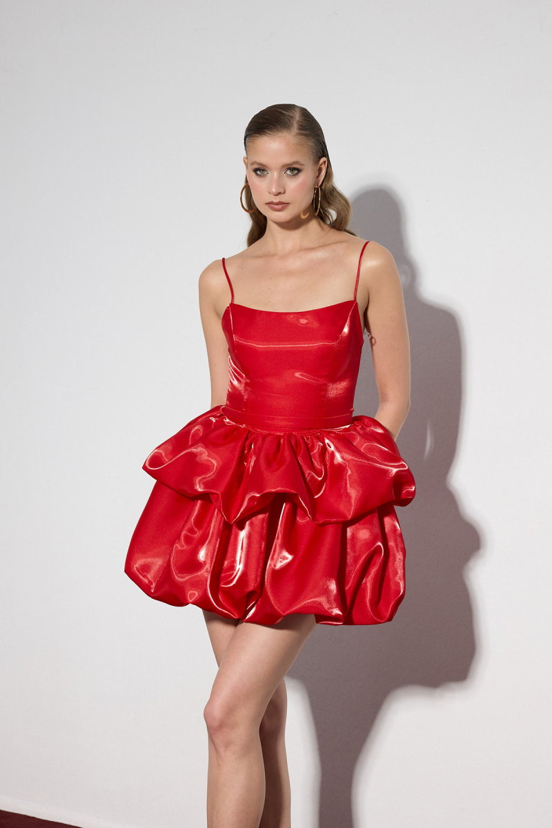 Carmen Kadın Askılı Balon Etek Mini Abiye Elbise 58622 Kırmızı - 3