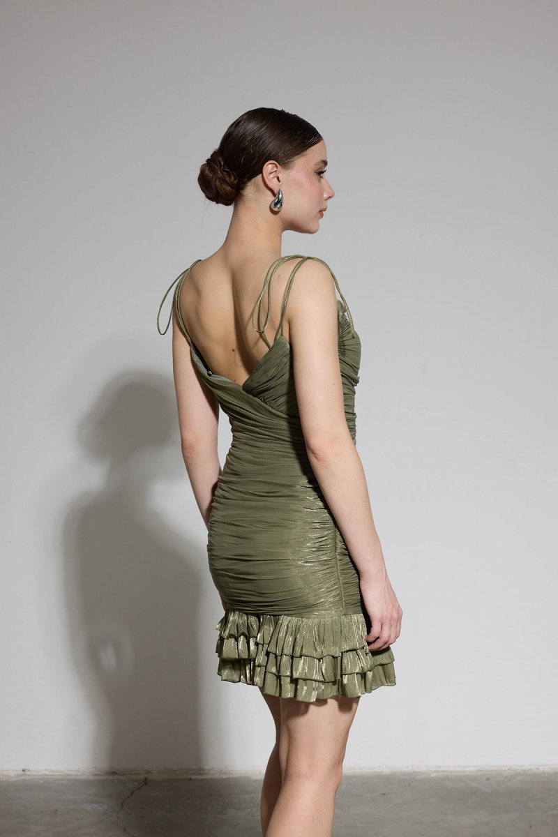 Carmen Kadın Askılı Fırfırlı Organze Abiye Elbise 58618 Haki - 4