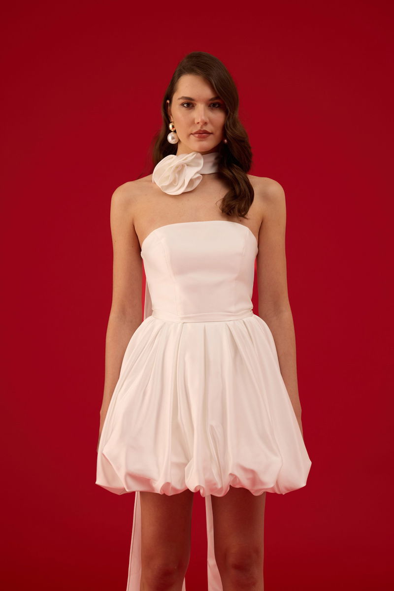 Carmen Kadın Balon Etek Güllü Saten Abiye Elbise 58617 Beyaz - 2