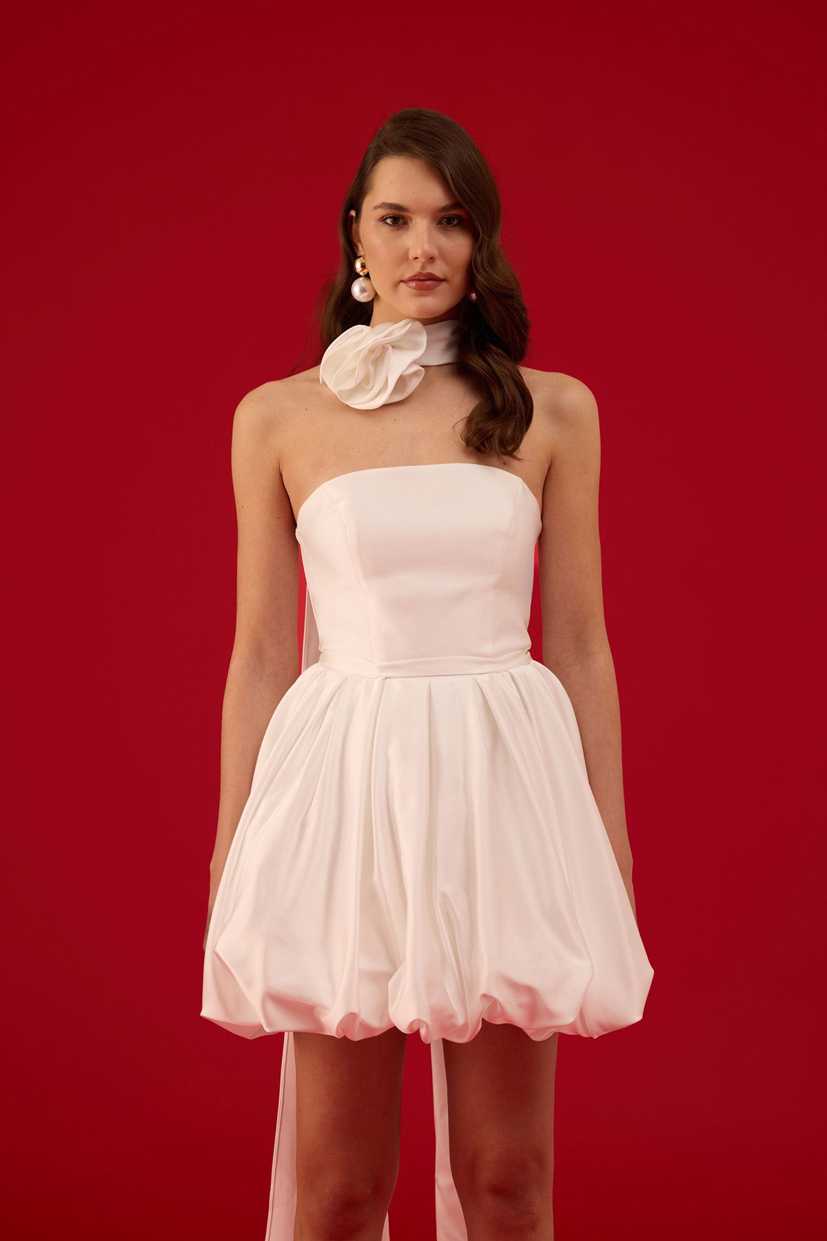 Carmen Kadın Balon Etek Güllü Saten Abiye Elbise 58617 Beyaz - 2