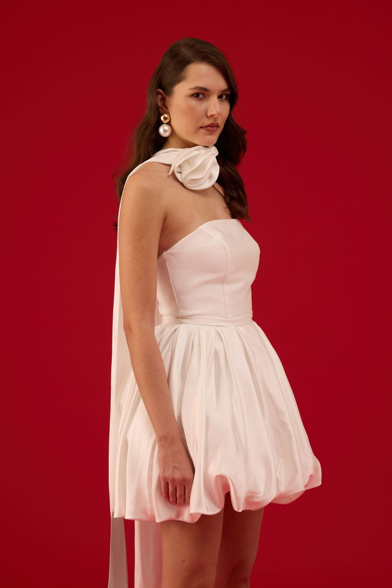 Carmen Kadın Balon Etek Güllü Saten Abiye Elbise 58617 Beyaz - 3