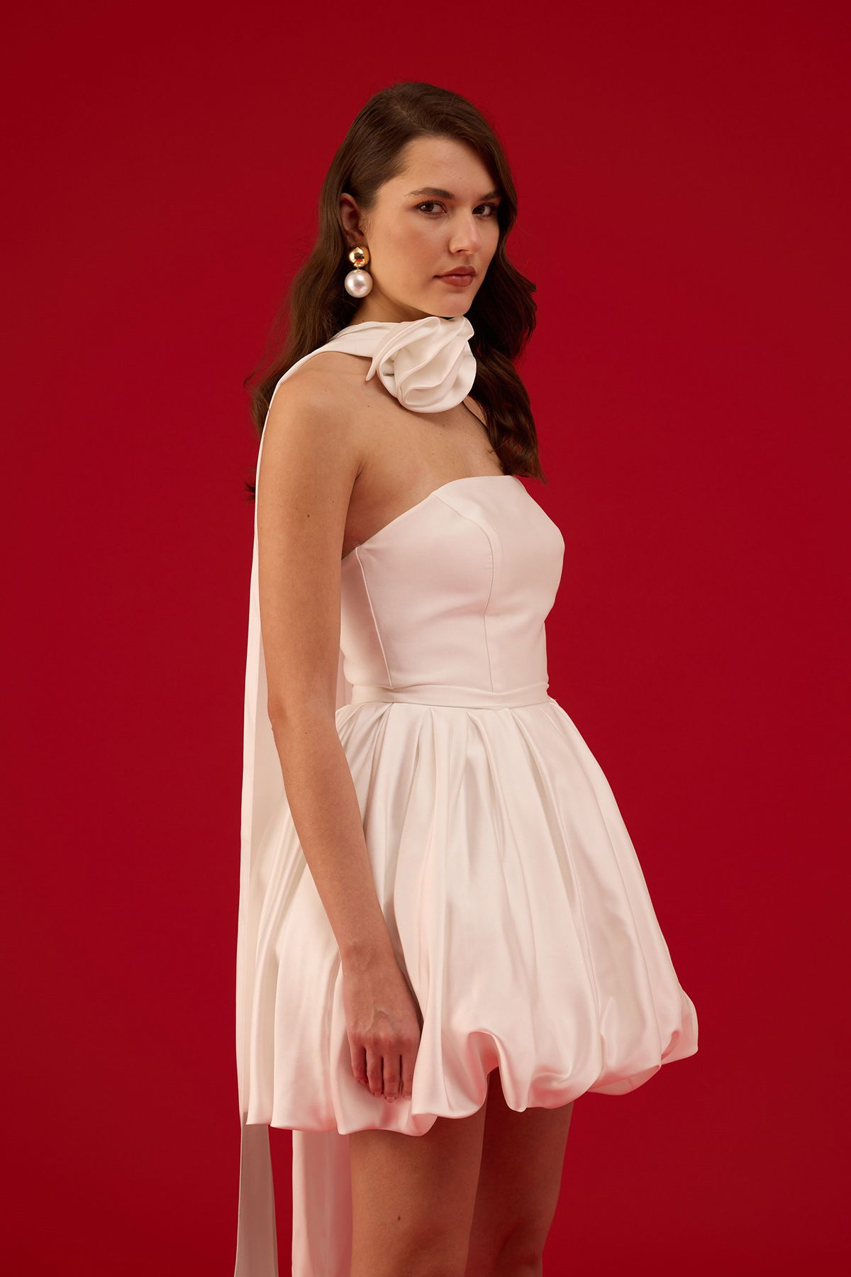 Carmen Kadın Balon Etek Güllü Saten Abiye Elbise 58617 Beyaz - 3