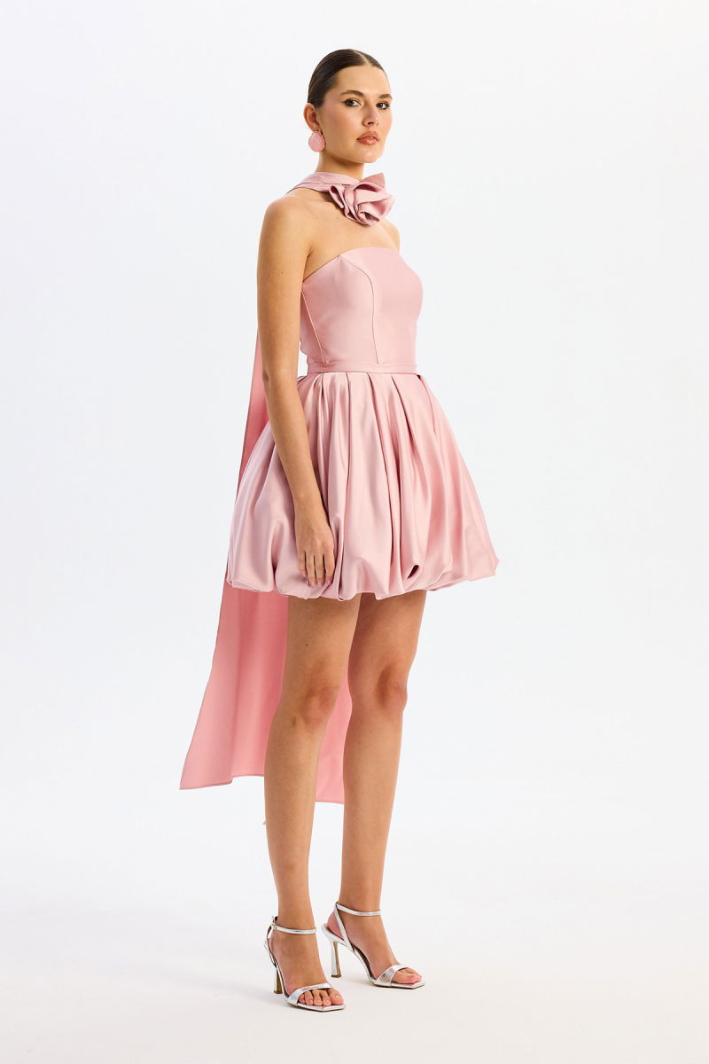 Carmen Kadın Balon Etek Güllü Saten Abiye Elbise 58617 Pudra - 4