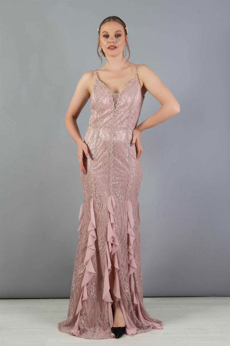 Carmen Kadın Dantel Eteği Fırfırlı İşlemeli Balık Abiye 5815560 Pudra - Carmen