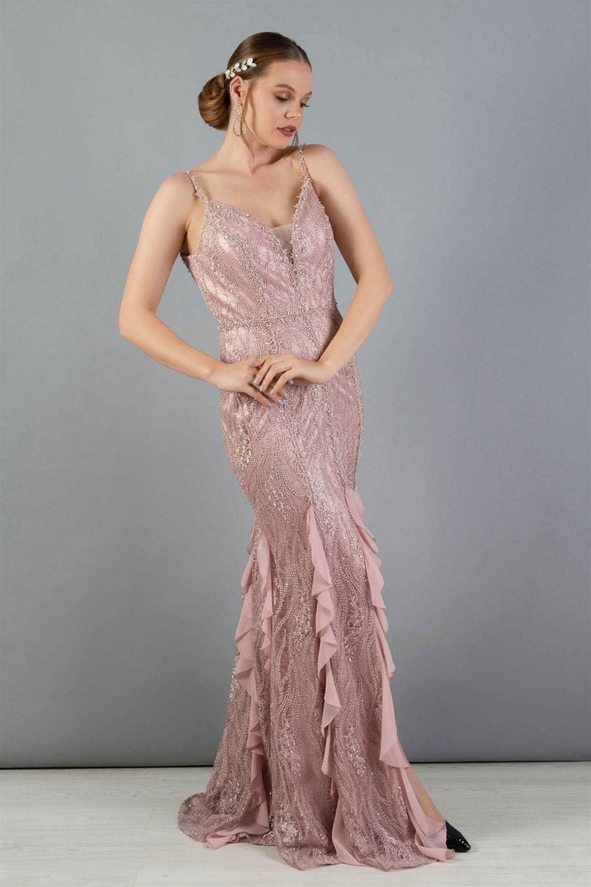 Carmen Kadın Dantel Eteği Fırfırlı İşlemeli Balık Abiye 5815560 Pudra - 2