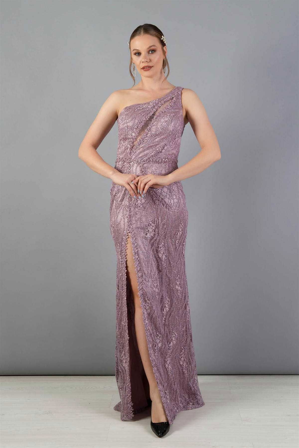 Carmen Kadın Dantel Göğüs Detaylı Yırtmaçlı Abiye 5815569 Lila - 2