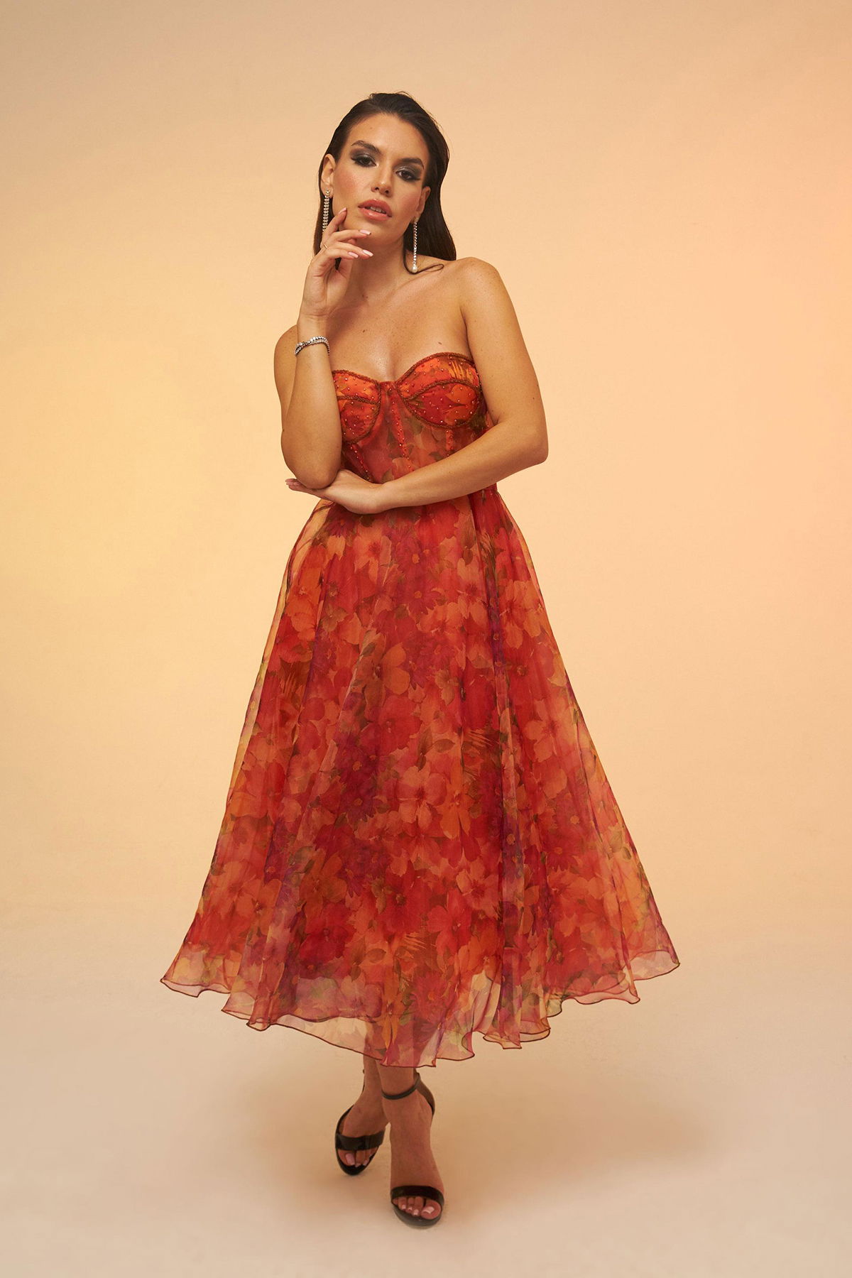 Carmen Kadın Empirme Straplez Midi Abiye Elbise 58036 Oranj - 2