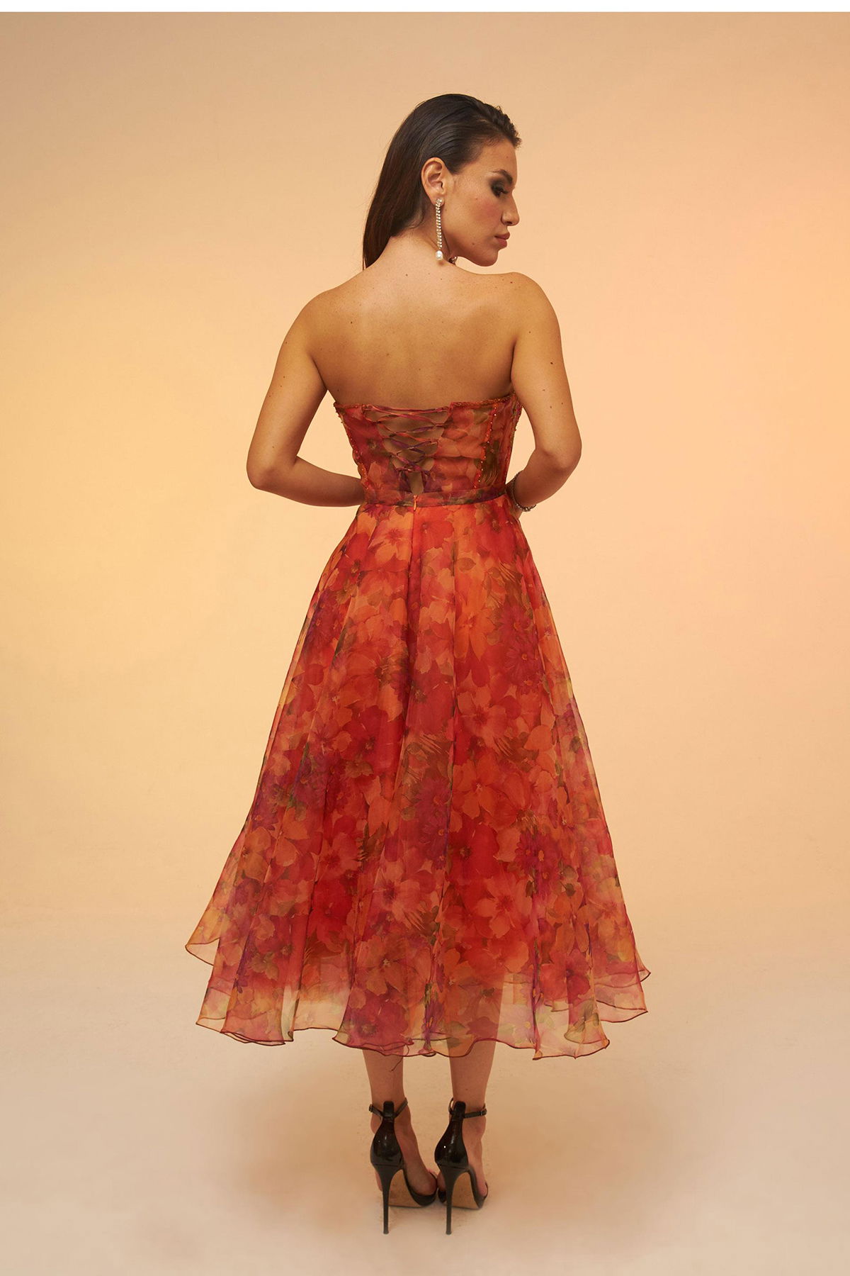 Carmen Kadın Empirme Straplez Midi Abiye Elbise 58036 Oranj - 4