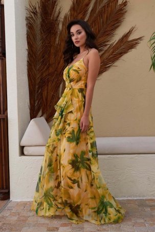 Carmen Kadın Empirme Yırtmaçlı Askılı Uzun Abiye Elbise 58051 Sarı - 3