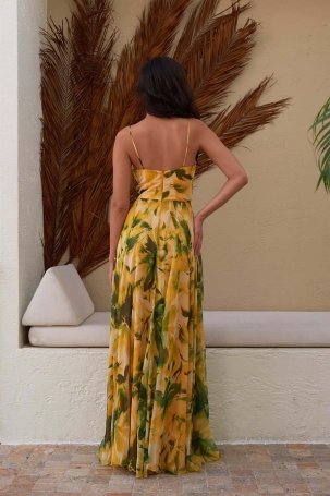 Carmen Kadın Empirme Yırtmaçlı Askılı Uzun Abiye Elbise 58051 Sarı - 4