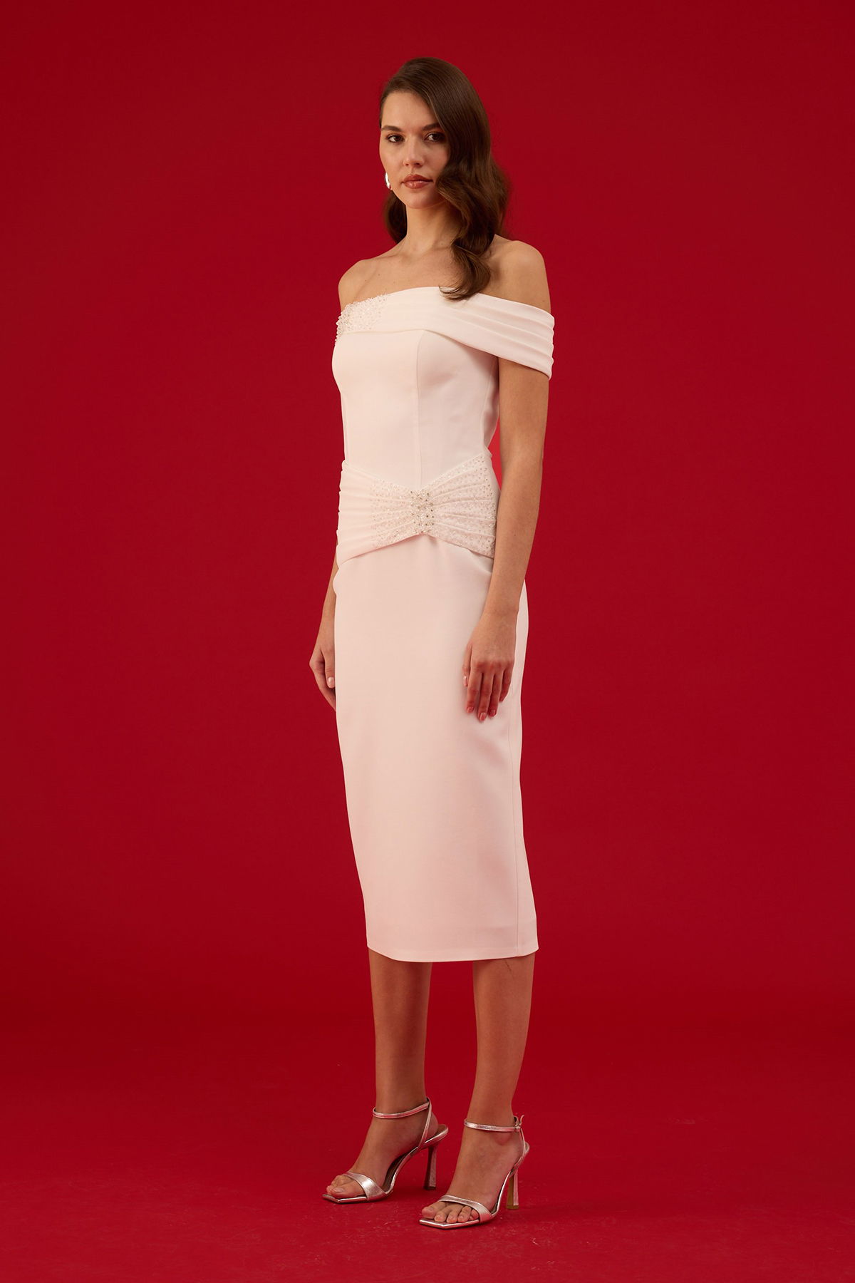 Carmen Kadın İşlemeli Krep Söz Elbisesi Nikah Elbisesi 58658 Beyaz - 3