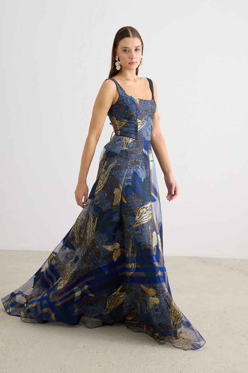 Carmen Kadın Kare Yaka Jakarlı Abiye Elbise 58605 Lacivert - 4