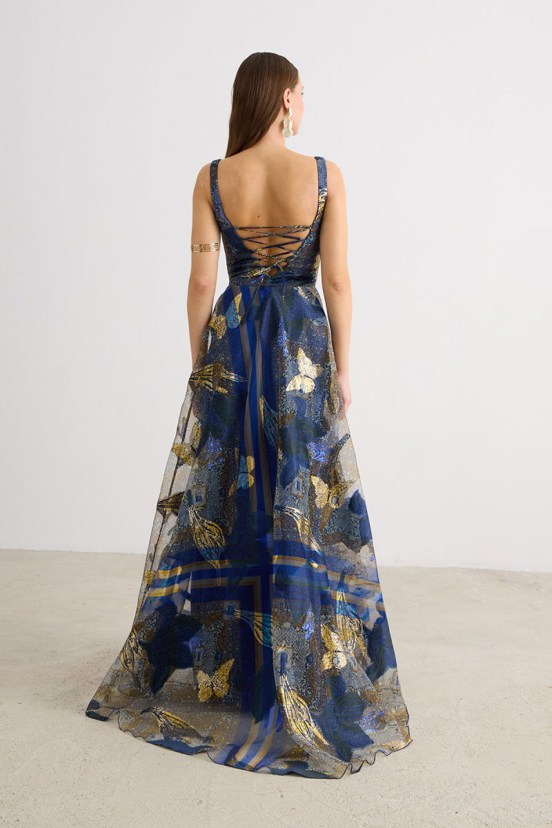 Carmen Kadın Kare Yaka Jakarlı Abiye Elbise 58605 Lacivert - 5