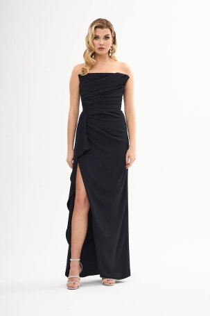 Carmen Kadın Krep Taş Baskılı Yırtmaçlı Uzun Nikah Elbisesi 58306 Siyah - 1