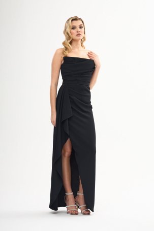 Carmen Kadın Krep Taş Baskılı Yırtmaçlı Uzun Nikah Elbisesi 58306 Siyah - 3