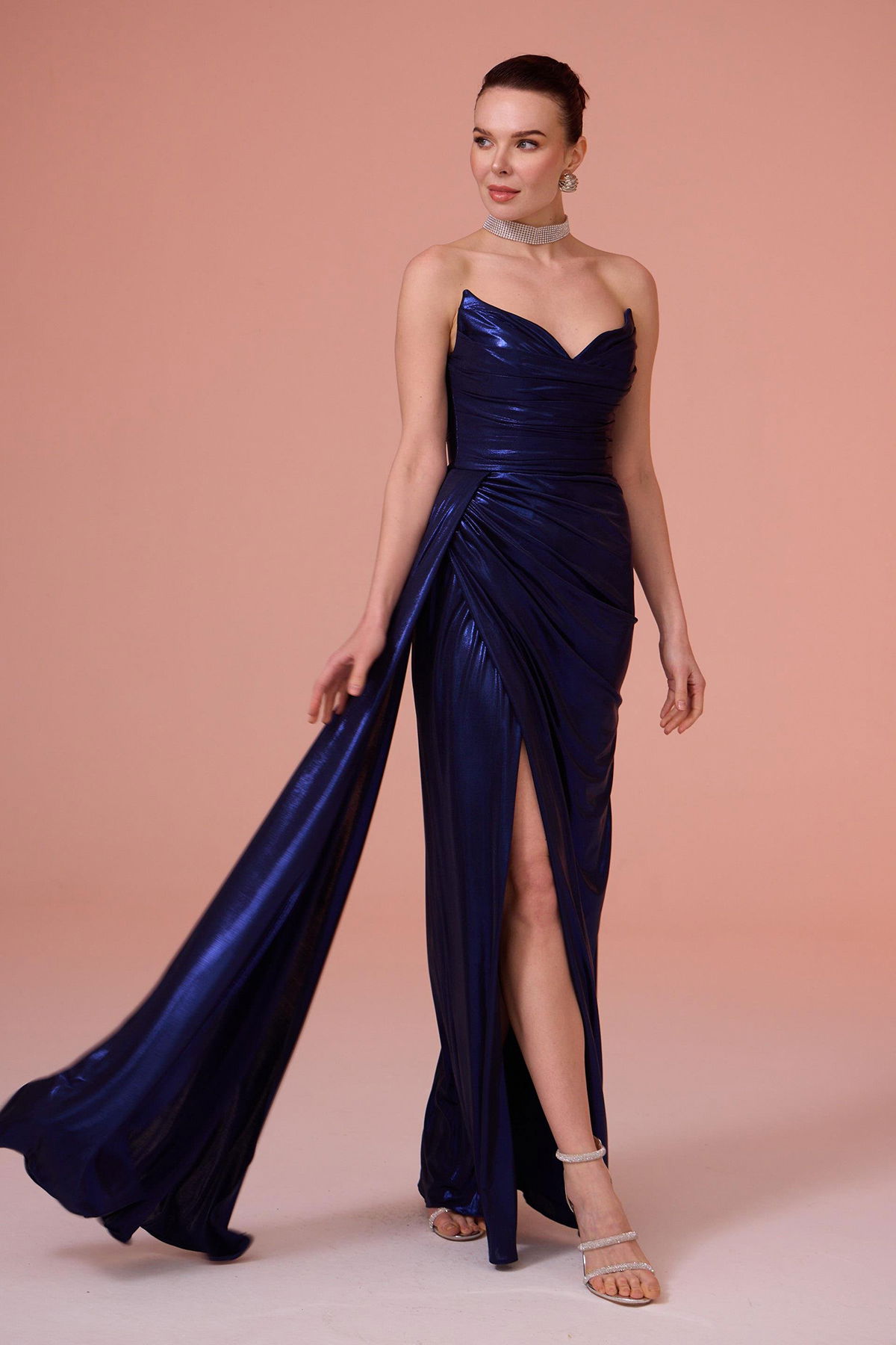 Carmen Kadın Parlak Örme Straplez Uzun Abiye Elbise 58310 Lacivert - 1