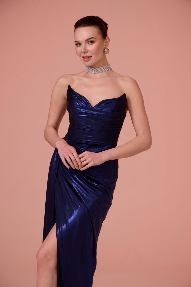 Carmen Kadın Parlak Örme Straplez Uzun Abiye Elbise 58310 Lacivert - 2