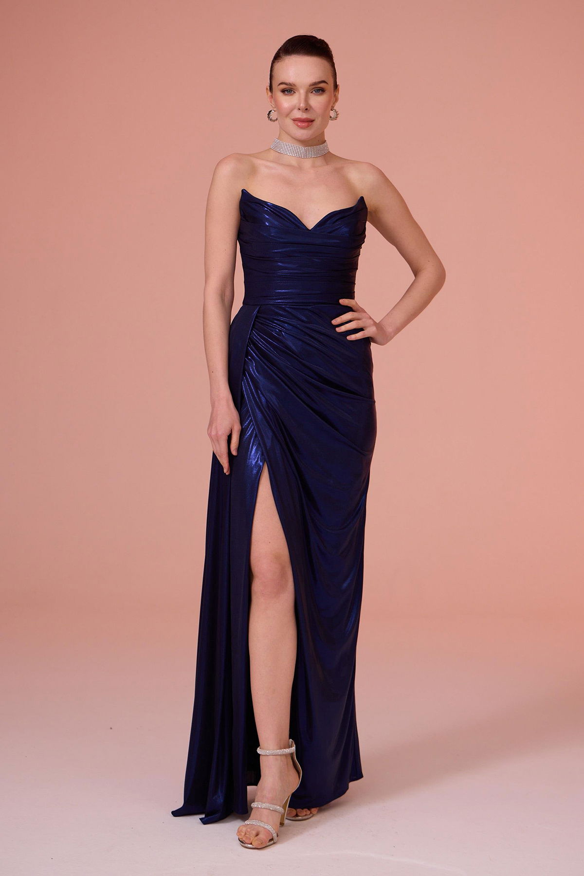 Carmen Kadın Parlak Örme Straplez Uzun Abiye Elbise 58310 Lacivert - 3