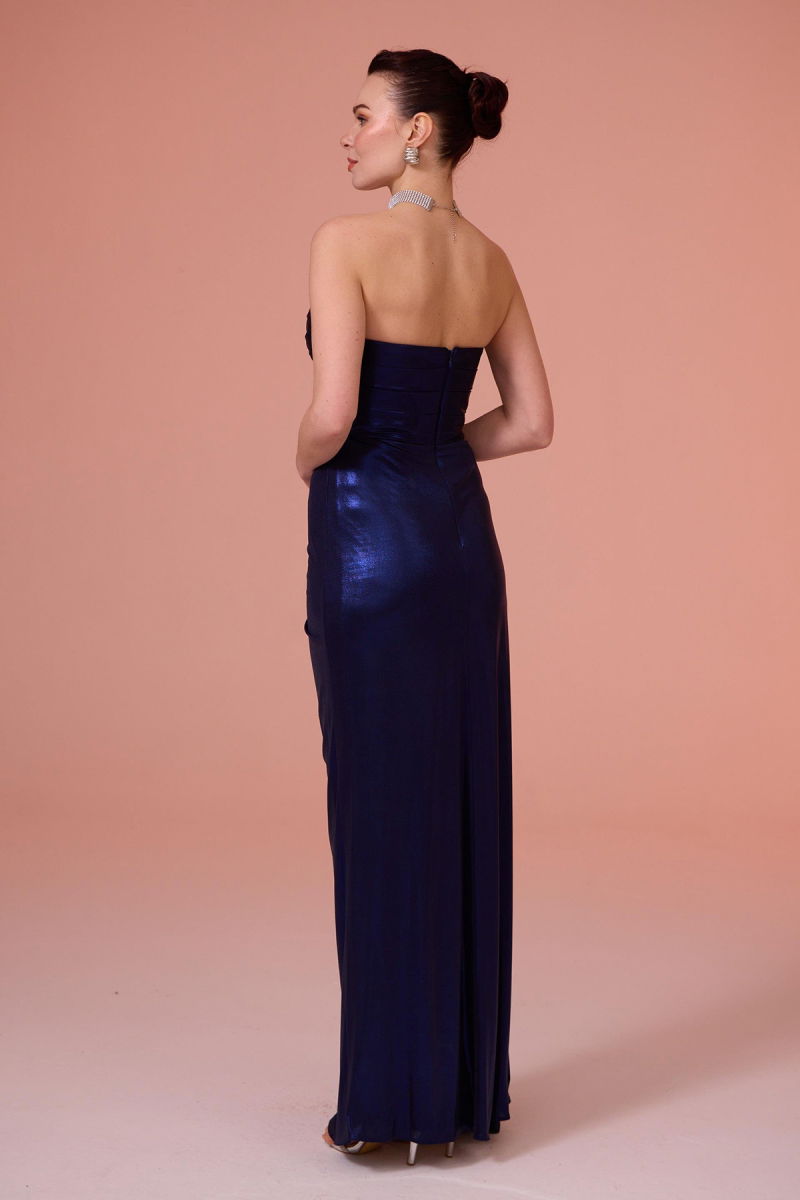 Carmen Kadın Parlak Örme Straplez Uzun Abiye Elbise 58310 Lacivert - 4