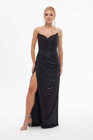 Carmen Kadın Parlak Örme Straplez Uzun Abiye Elbise 58310 Siyah - 1