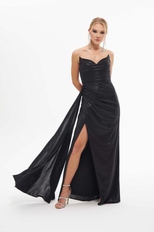 Carmen Kadın Parlak Örme Straplez Uzun Abiye Elbise 58310 Siyah - 3