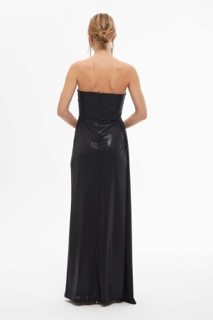 Carmen Kadın Parlak Örme Straplez Uzun Abiye Elbise 58310 Siyah - 4